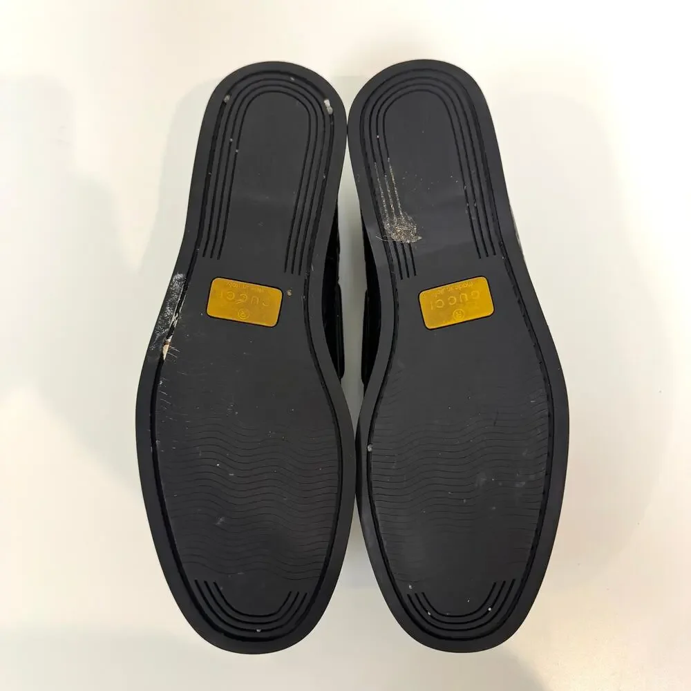 GUCCI Guccissima Black Embossed Leather Boat Shoe 10.5 Web Tie GG Monogram Logo
